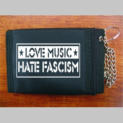 Love Music Hate Fascism pevná čierna textilná peňaženka s retiazkou a karabínkou, tlačené logo